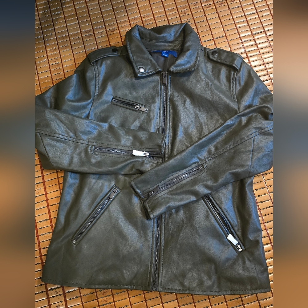 NEW APT 9 Womens Faux Olive Leather Jacket Moto Biker Coat Size Small Zip Front